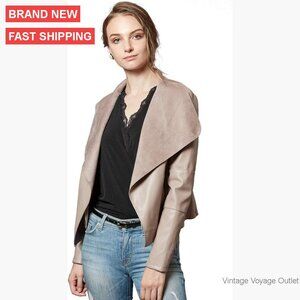 Slim Faux Leather Blazer Jacket with Lapel Collar and Zipper Pockets